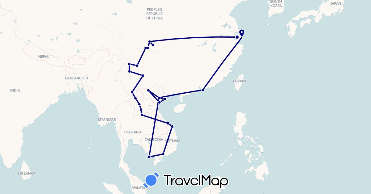 TravelMap itinerary: driving in China, Hong Kong, Laos, Vietnam (Asia)
